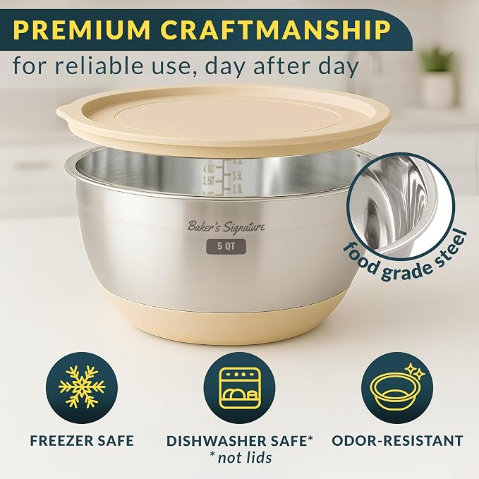 Baker's Signature Stainless Steel Mixing Bowls with Lids Set, 5 Sizes | 3 Graters, Non-Slip Base, Airtight Metal for Kitchen, Food Prep, Storage, 0.63QT-5QT, Khaki - Image 4