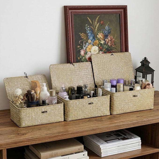 Nonam Small Basket with Lid, Natural Seagrass Bin with Lid, Shelf Baskets Multipurpose Container for Boho Decoration, Rectangular Household Storage Boxes for Home Organization-White - Image 5