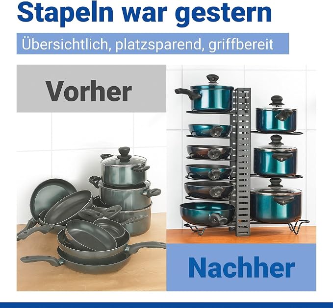 3-in-1 Pot and Pan Stand, Adjustable, Space-Saving, Holds up to 8 Pots, Pans and Lids, for Kitchen Cabinets from 60 cm Wide, Metal, 54.5 x 42 x 20 cm - Image 3