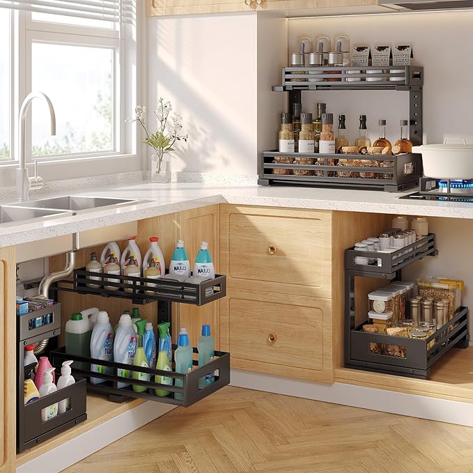 2-Pack 17"Deep Under Sink Organizer And Storage, 2-Tier L-Shaped Pull Out Cabinet Organizer with Upgraded Slide Rails, Height Adjustable Drawers for Kitchen&Bathroom, Extra-Large Storage Shelves–Black - Image 7
