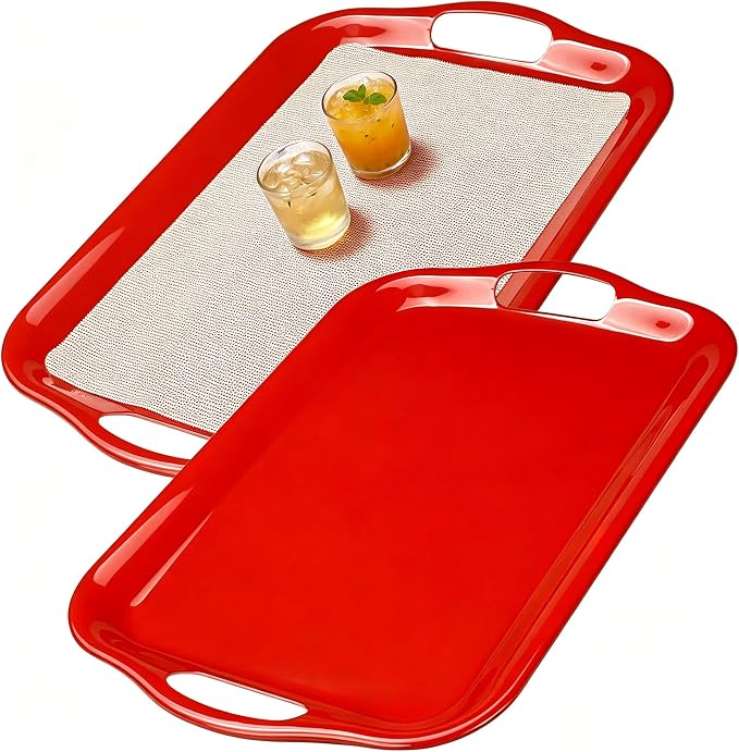 Extra Large Melamine Platters, Serving Tray with Handles for Cookie, Cupcakes, Desserts, Dishwasher Safe, Ottoman Tray Decor, Set of 2, 2 pcs Mats Included (Red, 21''x14'') by BEESEBN