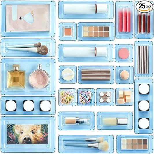 Vtopmart 25 Pack Plastic Drawer Organizers with Non-slip Rubber Pads | 4-Size Versatile Makeup Organizer, Storage Containers Small Bins for Makeup, Jewelries, Bedroom, Kitchen Utensils and Office by Vtopmart