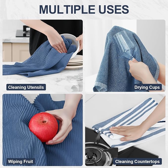 Homaxy Cotton 380 GSM Premium Kitchen Towels, 18"x 28", 6 Pack, Navy Blue | Soft and Absorbent Terry Dish Towels, Multipurpose Tea Towel Set with Hanging Loop, 3 Styles Kitchen Hand Towels - Image 4