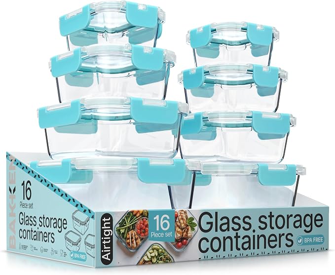 Bakken Borosilicate Glass Food Storage Containers with Lids 16 Pieces, BPA-Free Stackable Lunch & Leftover Containers, Microwave, Freezer & Dishwasher Safe, 100% Airtight Leak-Proof, Aqua by BAKK%C3%8BNMASTER