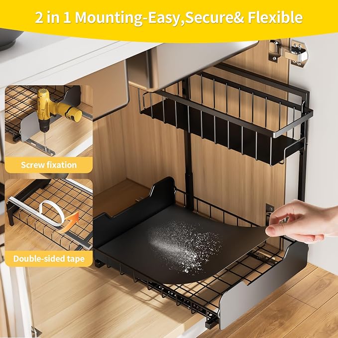 Under Sink Organizer, 2-Tier L-Shaped Pull Out Cabinet Shelf with 2 Installation Methods, Adjustable Sliding Storage Drawer for Kitchen, Bathroom, Laundry, Metal, Black, 2-Pack - Image 7