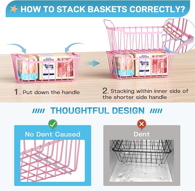 SUNALLY Freezer Organizer Bins, 8 Pack Stackable Pantry Storage Bins, Pink | Chest Freezer Organizer for 5-7 Cu.FT Deep Freezer to Sort Frozen Meats & Food, Wire Baskets for Pantry Organizers & Storage - Image 3