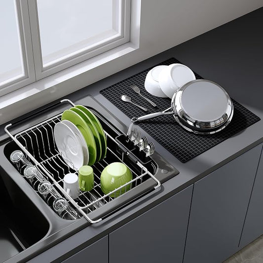 JASIWAY in Sink Dish Drying Rack with Mat, Cups and Utensil Holder | Use Over the Sink or Counter, Stainless Steel Expandable Dish Drainer for Small Kitchen, Space Saving, Fast Drain, Rustproof by JASIWAY