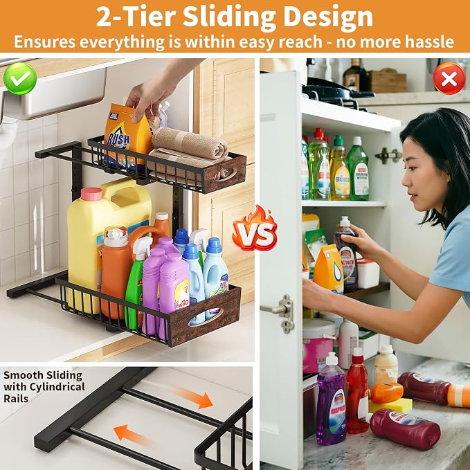 2-Tier Under Sink Organizer with Wooden Drawer Handle, 2 Pack Adjustable Height Pull Out Cabinet Organizer Shelf,Slide out Storage Drawer Rack for Kitchen Bathroom Laundry Room Pantry (Black) - Image 4