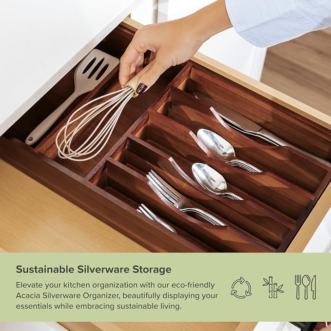 Silverware & Utensil Organizer, Fixed 10.5 in, Acacia | Cutlery, flatware holder, rounded corners, 7 compartments, non-slip feet, kitchen drawers - Image 5