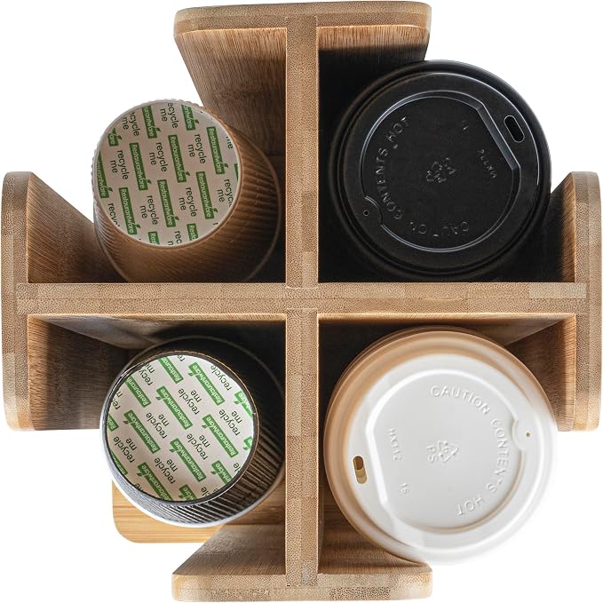 Restaurantware Restpresso 9 x 18 Inch Coffee Cup and Lid Organizer 1 Revolving Cup and Lid Holder - 4 Section Countertop Natural Bamboo Cup and Lid Dispenser For Restaurants Homes or Offices - Image 14