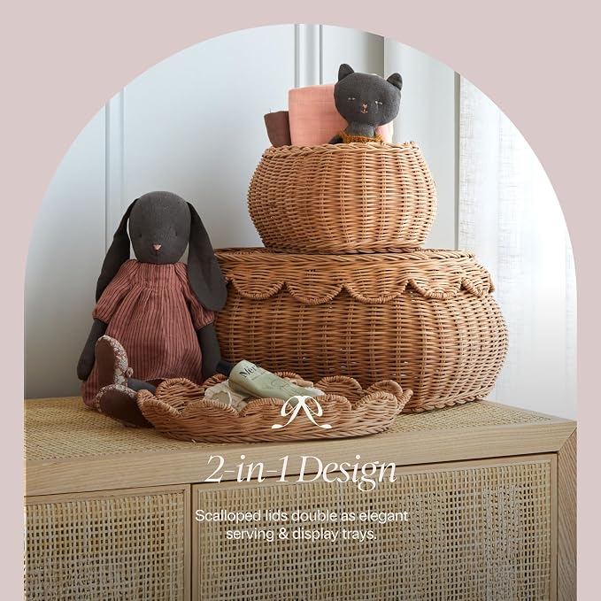 BEBE BASK The Original Scalloped Basket with Lid - Set of 2 (15x11x6 In) | Handwoven & Award Winner, Sustainable Rattan, Wicker Basket With Scalloped Edge Lid, Nursery Storage, Scallop Basket, Mocca - Image 9