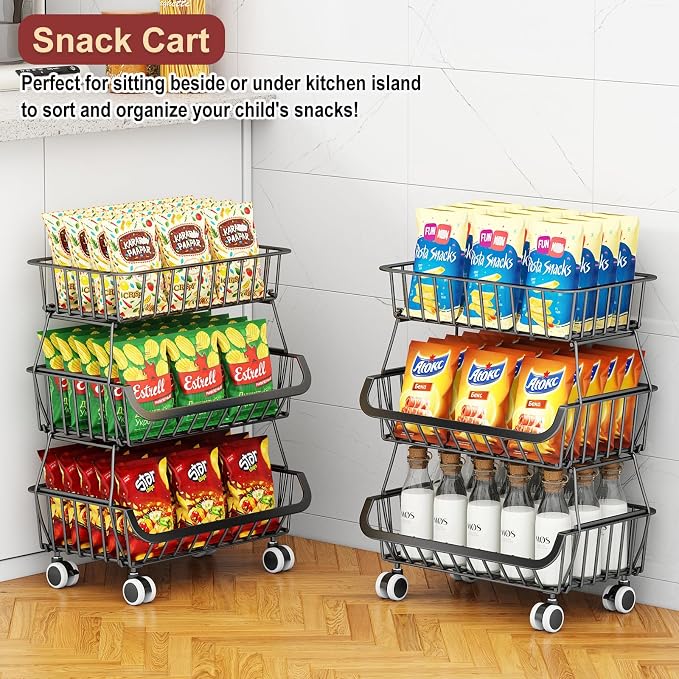 3-Tier Rolling Pantry Cart with Wheels, Stackable Wire Storage Floor Organizer for Kitchen Pantry Snack Shelves, Fruit Basket Stand, Vegetable Storage Rack for Food Snacks Onion Potato, Black, 2 Pack - Image 4