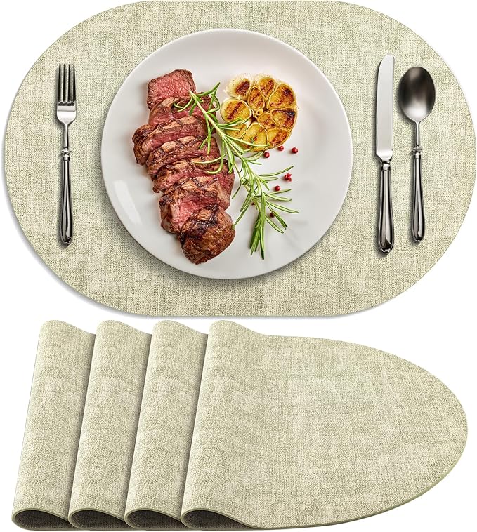 Placemats Set of 4-17" x 11.8" Waterproof & Heat Resistant Oval Place Mats, Wipeable Washable Double Layer Faux Leather Table Mats, Sage Green by Delicateandelegantplacemats
