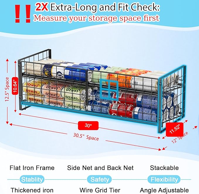 2-Pack Stackable Can Organizer for Pantry Shelf, Adjustable Extra-Long Rolling Can Rack for Kitchen Cupboard Storage, Sturdy Standing Can Holder for Canned Food Goods Soda up to 100, 2 Tier, Black - Image 3