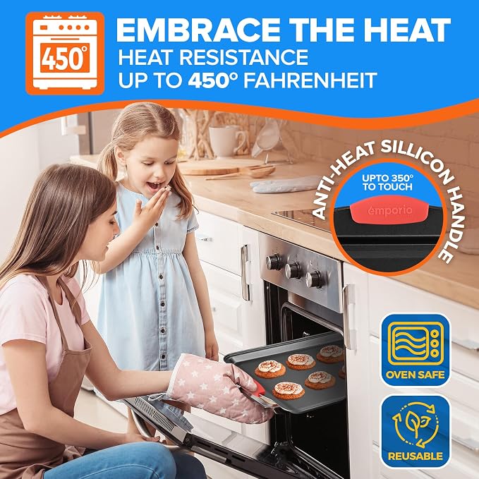 Emporio Kitchen Baking Pan Set - Nonstick Coating, Carbon Steel Bakeware Set with Red Silicone Handles, PFOA, PFOS, PTFE Free, Recipe Booklet Included, Oven Safe Tray (Up To 450° F), Set of 25 - Black - Image 4