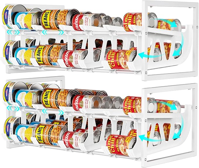 Pantry Can Organizer - Auto-Rolling, Expandable, Holds 120 Cans | White, Stackable For Walk-in Deep Pantry Shelve, Adjustable Width for Food Cans, Sturdy Metal Frame, Easy Access & Restocking by iSPECLE