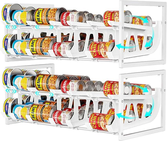 Pantry Can Organizer - Auto-Rolling, Expandable, Holds 120 Cans | White, Stackable For Walk-in Deep Pantry Shelve, Adjustable Width for Food Cans, Sturdy Metal Frame, Easy Access & Restocking by iSPECLE