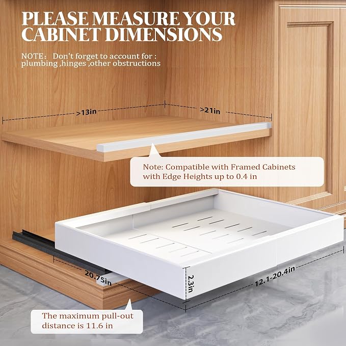 Seinloes 4 Pack Expandable Pull Out Cabinet Organizer 21"Deep With Raising Pad for Framed Cabinets,Upgrade 3 Slide Rails Slide Out Drawers,No Drill Roll Out Shelves,Adjustable Width 12.1"-20.4" White - Image 3