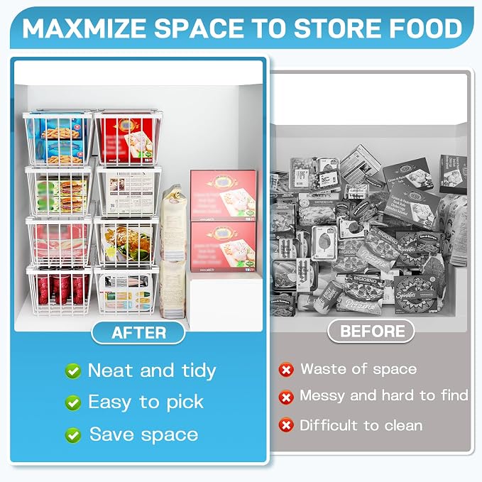 SUNALLY Freezer Organizer Bins, 8 Pack Stackable Pantry Storage Bins, White | Chest Freezer Organizer for 5-7 Cu.FT Deep Freezer to Sort Frozen Meats & Food, Wire Baskets for Pantry Organizers & Storage - Image 5