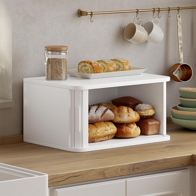 WOWLIVE Roll Top Bread Box for Kitchen Countertop, Bamboo Bread Storage | Airtight Bread Containers, Large Bread Bin with Sliding Door for Loaves, Bagels, Countertop Storage Cabinet, White, Medium - Image 2