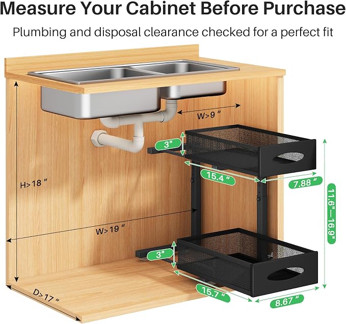 Under Sink Organizer, 2 Pack 2 Tier Pull out Cabinet Organizer Baskets with Mesh Sliding Drawers, Slide out Sink Storage Shelves for Home, Kitchen, Bathroom, Pantry, Office Organizers and Storag,Black - Image 2