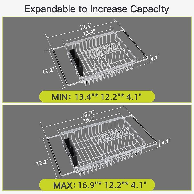 JASIWAY Expandable Dish Drying Rack Over the Sink with Utensil Holder | Stainless Steel Adjustable Dish Driainers for Small Kitchen, Counter Space Saving, Fast Drain, Rustproof, For Apartment, RV - Image 4