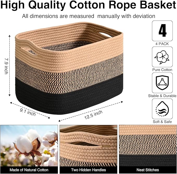 ICERZCZ Storage Baskets for Shelves Organizing, Woven Cotton Rope Baskets for Storage, Book Basket, Towel Basket, 12.5"Lx9.1''Wx7.9''H (4 Packs) Gradient Black & Jute - Image 3