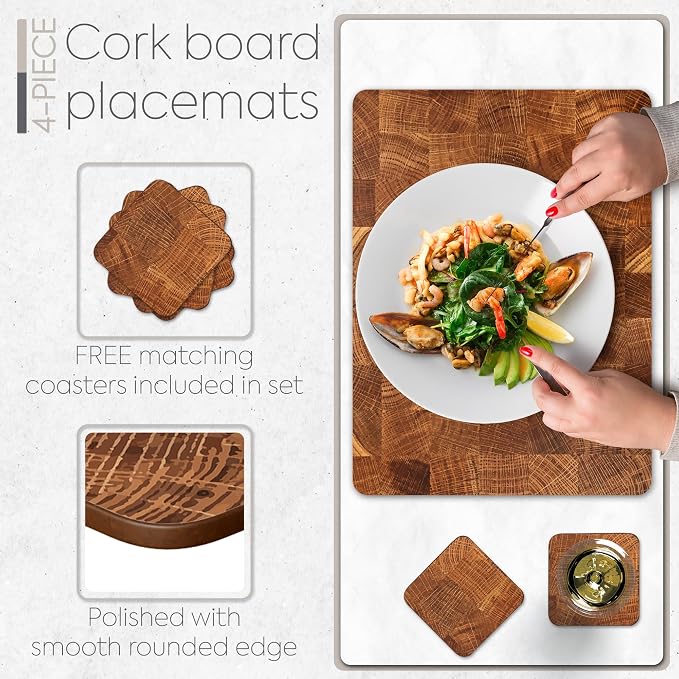 Set of 4 Heat Resistant Cork Placemats for Dining Table with Free Set of 4 Matching Drink Coasters Marble Design 16 x 12 Inches Cork Backed Hard Placemats (Honey Oak) - Image 4