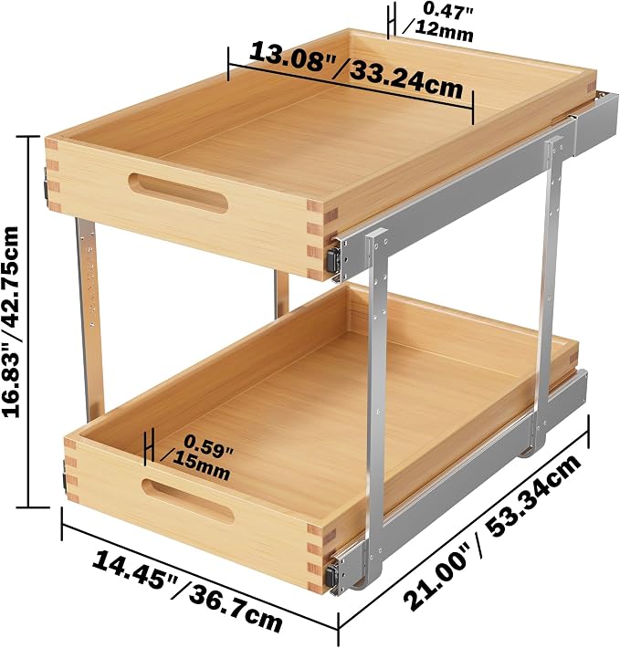 2 Tier Pull Out Drawers for Cabinets 15"W x 21"D, Farmeless&Farme | Full Slide Out Wood Drawer Shelf, Heavy Duty Caddy Pull Out Cabinet Organizer, Base Cabinet Organization for Kitchen, Pantry - Image 2
