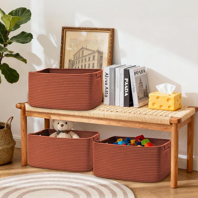 2 Pack Large Storage Basket for Organizing, 17.5"x13"x7" Woven Basket for Shelves, Closet Cube Storage Bins with Wrapped Handle, Cotton Rope Baskets for Kitchen, Clothes, Toys(Oxide Red) - Image 7