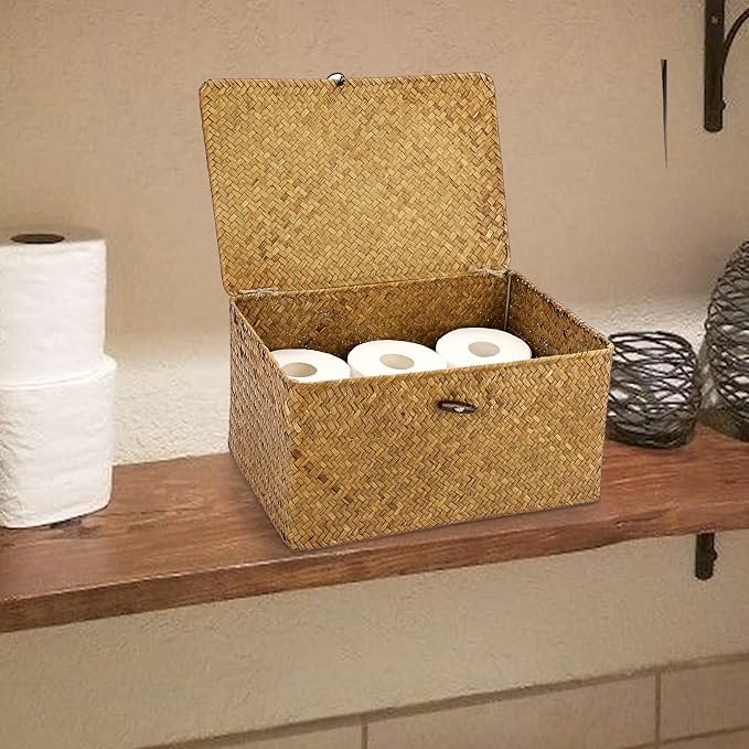 Hipiwe Wicker Shelf Baskets Bin with Lid Woven Seagrass Storage Box, Large | Decorative Basket Organizer Rectangular Household Basket Boxes for Shelf Wardrobe Home Decor, Caramel - Image 2