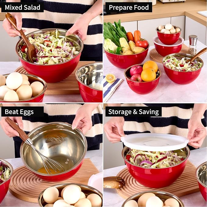 Red Mixing Bowls with Lids Set of 7, Stainless Steel Nesting Bowl with Khaki Lid for Non-slip Mixing Prepping Storing Serving, 7 Sizes-7/3.6/2.7/2.1/1.5/1/0.8 QT - Image 5