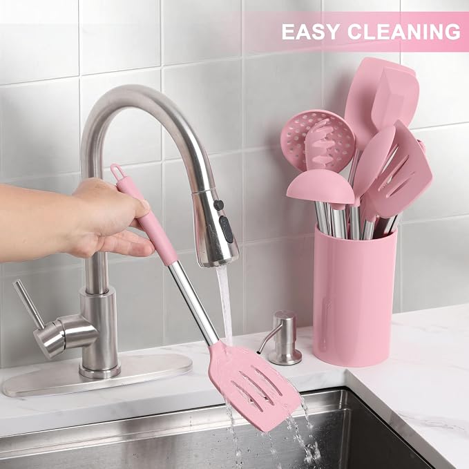 LIANYU 15 Piece Cooking Utensils Set with Stainless Steel Handle, Silicone Kitchen Gadgets with Holder, Heat Resistant Spatula Spoon Turner Tong Whisk Brush Tools for Cooking, Dishwasher Safe, Pink - Image 9