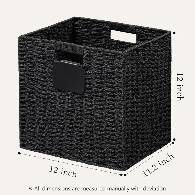 UBBCARE 4 Pack Wicker Basket, 12×12 Storage Cubes with Label, Foldable Cube Storage Bin with Handle, Square Storage Basket for Shelves, Woven Paper Rope Basket for Organizing, Black - Image 2