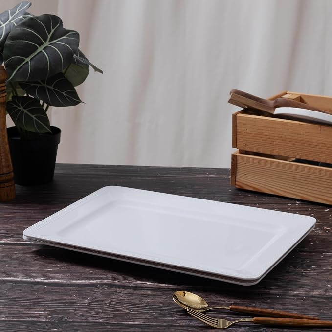 Melamine Large Serving Platter Set for Party Supplies,16"x11" Platters for Serving Food, 2pcs White reusable Serving Tray for Cookie, Fruit, Snack,Party Food Display,Stackable Kitchen CounterTop Tray - Image 4