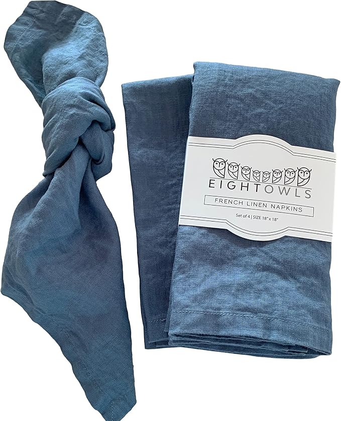 Linen Napkins –100% French Flax – Stonewashed Pure Linen Cloth Napkins - Size 18 Inch x 18 Inch – Set of 4 (Soft Teal Blue) by EightOwls