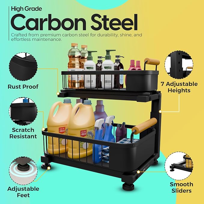 Premium Large Under Sink Organizer, 2-Tier Pull Out, Adjustable | Heavy-duty carbon steel, 7 adjustable heights and smooth ball-bearing sliding baskets for kitchen and bathroom cabinets - Image 6