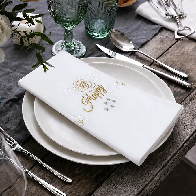 Cloth Napkins Set of 4, 20x20 inch, 100% Egyptian Cotton Hand Embroidered French Knot, Reusable & Machine Washable, Elegant Table Napkins for Dinner, Weddings, Parties (Rose-Happy) - Image 4