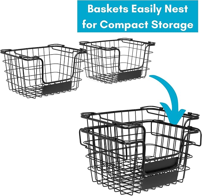 BirdRock Home Stacking Wire Market Baskets with Chalk Label | Set of 2 | Fruit Vegetable Produce Metal Storage Bin for Kitchen Counter | Black - Image 5