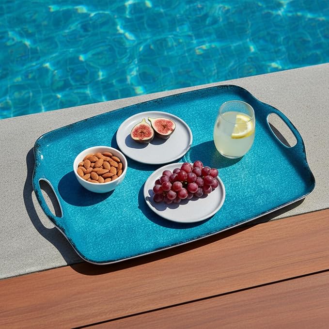 TP Melamine Serving Trays with Handles, 17” x 12”, Set of 2, Retro Teal | Rectangular Trays, Serving Platters for Food and Meat, Dishwasher Safe, Lightweight, Break-resistant - Image 6
