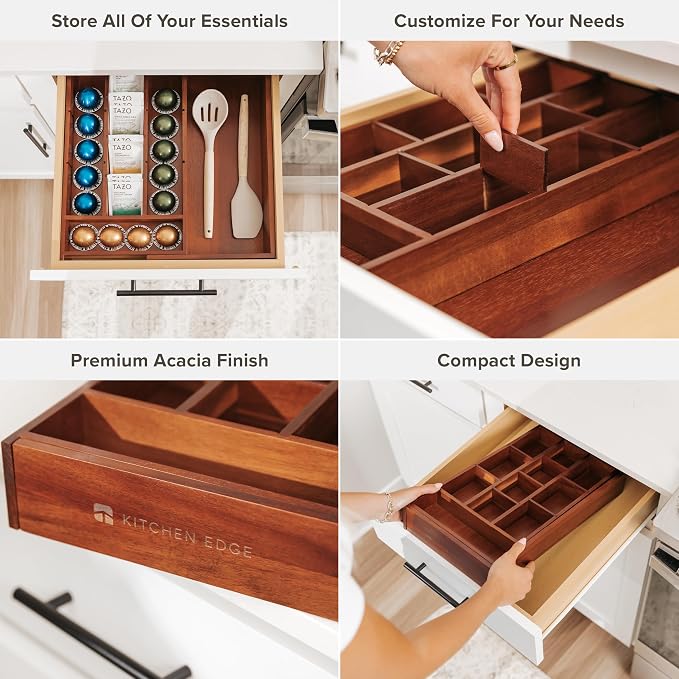 Tea Bag & Coffee Pod Organizer, 9.7-17 in, Acacia | 10 storage compartments, adjustable wall inserts, non-slip feet, food-safe - Image 3