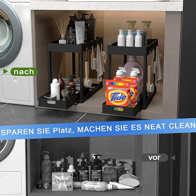 2pcs Under Sink Organizer Kitchen Bathroom Storage Cabinet 2 tier Sliding Drawer Counter Organization Shelf Storage Drawers Rack with Pull Out Basket and Hooks Black - Image 3