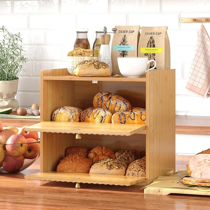 Trironsun Rustic Bread Box for Kitchen Countertop Bamboo Bread Storage Container Bin Double Layer BreadBox Farmhouse Large Capacity Food Organizer (Natural Bamboo) - Image 4
