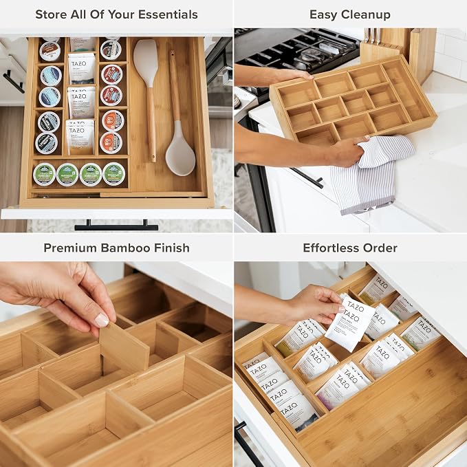 Tea Bag & Coffee Pod Organizer, 9.7-17 in, Bamboo | 10 storage compartments, adjustable wall inserts, non-slip feet, food-safe - Image 3