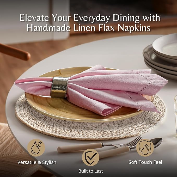 Ramanta Home Pink Cloth Dinner Napkin Set of 24-18x18 Inch | Cotton Linen Flax Hemstitched Napkins Washable for Everyday Use - Image 2