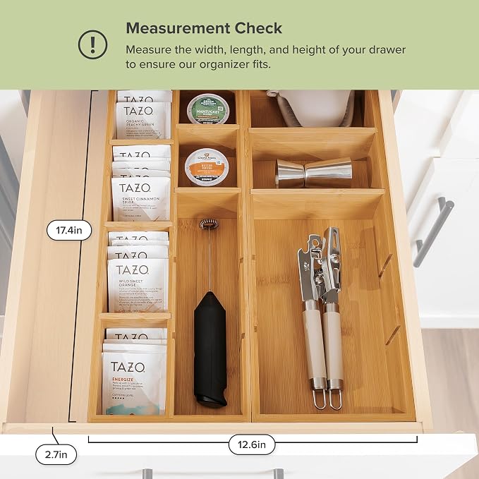 Utensil & Tea Bag Drawer Organizer, Bamboo | 14-compartment design, removable dividers, non-slip feet, sustainable bamboo - Image 4