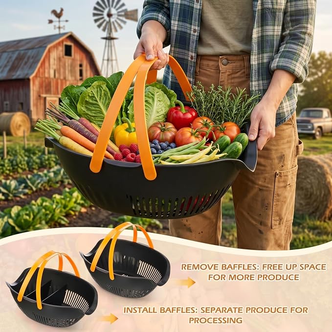 Nuogo 3 Pcs Garden Harvest Basket, Removable Partitions with Tool Caddy for Collecting, Carrying, and Cleaning Harvesting Basket Doubles as a Colander for Vegetables and Fruits Garden Accessories - Image 5