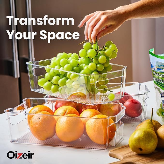Oizeir 8 Pack Clear Plastic Storage Bins with Handles – Stackable Fridge Organizer Bins for Refrigerator, Freezer, Pantry, Kitchen Cabinet & Cupboard Organization, BPA-Free Acrylic, Transparent - Image 6