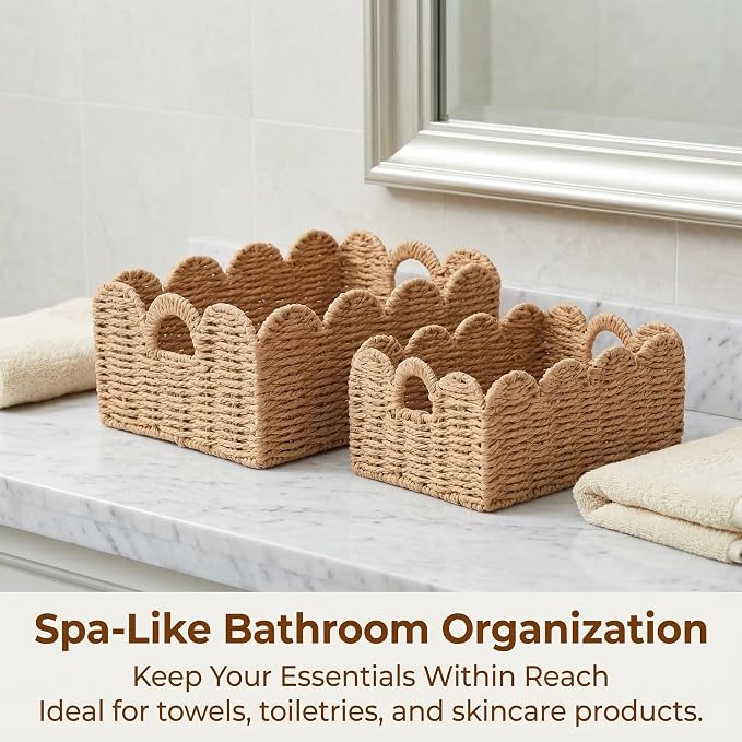 Scalloped Wicker Baskets Set of 3, Hand-Woven Storage with Handles | set of 3 tan scalloped baskets with handles. Hand-woven paper rope for shelves, bathroom or closet. Stackable, sturdy. - Image 7