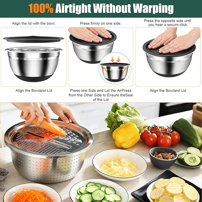 Stainless Steel Mixing Bowls Set with Lids & Silicone Base - 7-Piece Kitchen Gadgets Includes Colander, Grater, Egg Separator, Whisk - Nesting Bowls (1.5, 2, 2.5, 4.5 QT), Dishwasher Safe, Black - Image 7